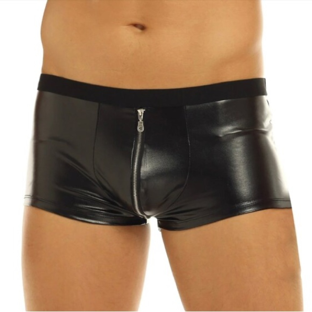 Wet Look Leather Boxer Mens Zipper Open Crotch Pants Men Boxer Shorts